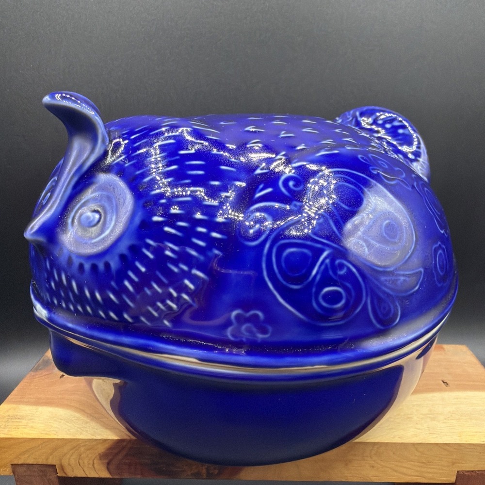 VTG '60s Environmental Ceramics Quail Dish Lidded Casserole Serving Bowl Cobalt